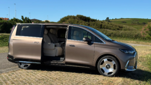 Side profile with side door open - Mercedes VLE 300 in Velvet Brown