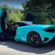 McLaren 750S Spider in Tokyo Cyan with dihedral doors open